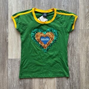 Vintage Y2K Pierim NWT Brazil Sequin Heart Blokecore Soccer Baby Tee Size S